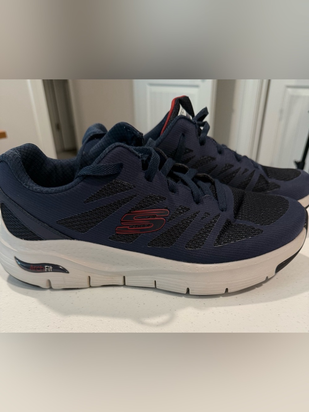 Skechers Arch Fit Navy Athletic Walking Shoes with Red Logo